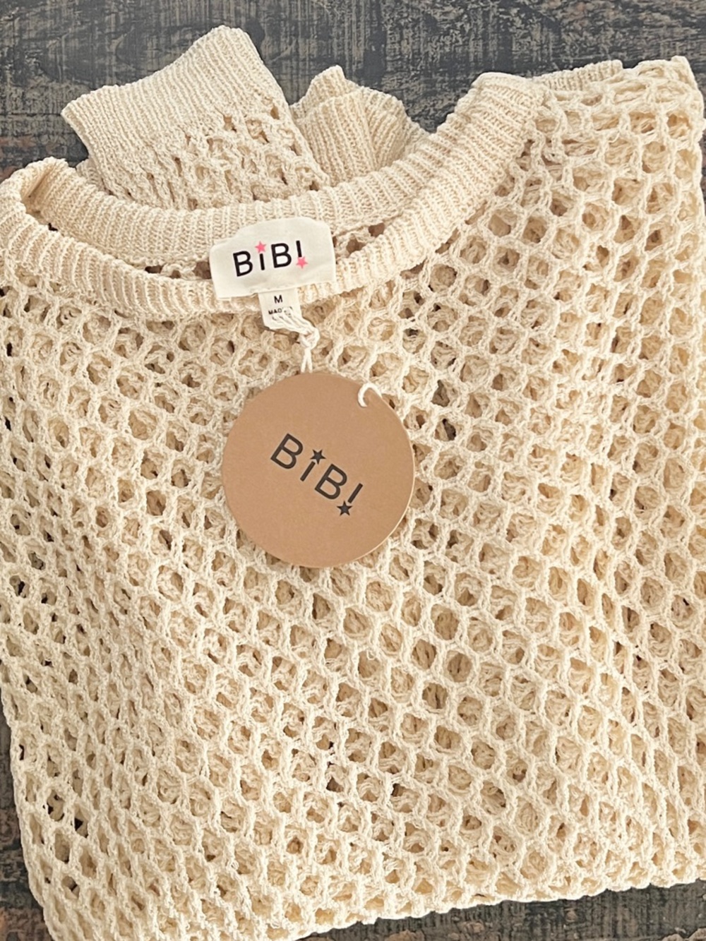 🟠NWT BIBI Open Knit Drop Shoulder Pullover in Cream MED - Picture 11 of 11